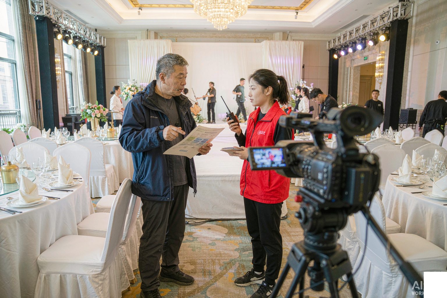 年会彩排现场导演与场务按流程表沟通机位安排